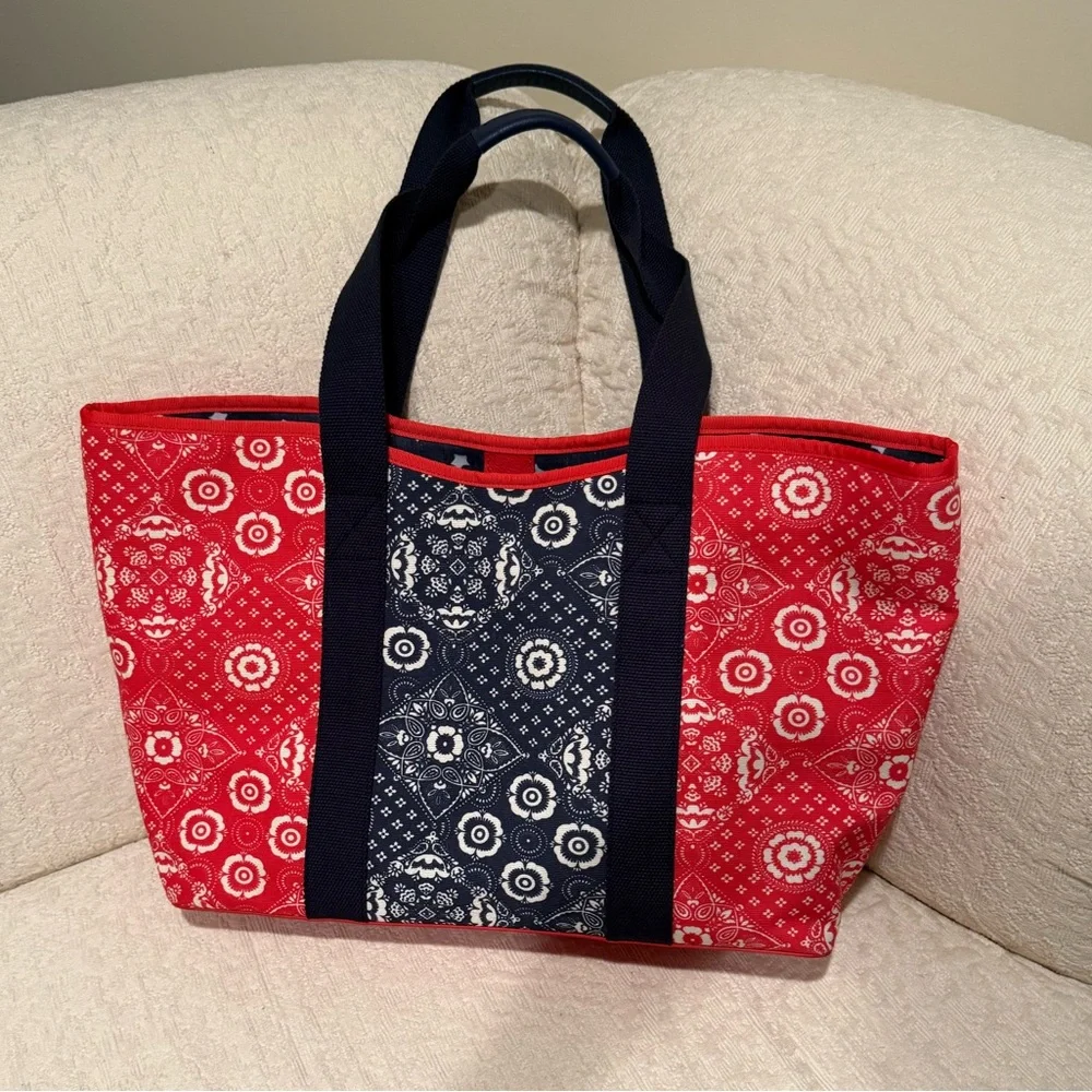 Talbots Canvas Tote Red White Blue Hankerchief Print Purse w Pockets Mag Closure